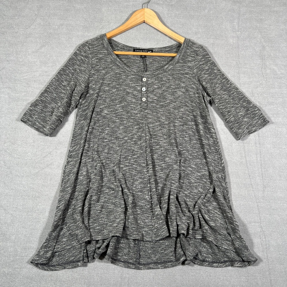 Living Doll Henley Babydoll High Low Tunic Top Womens Large Gray Knit